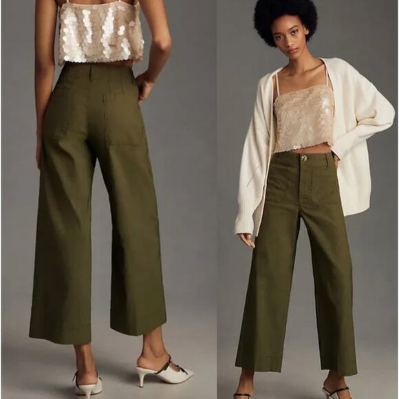 Nili Lotan 6 Megan Wide Leg High Rise Cotton Twill Pants Cropped Olive Green - Picture 1 of 6